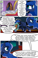 Size: 719x1112 | Tagged: safe, artist:candyclumsy, imported from derpibooru, princess luna, alicorn, pony, comic:luna's cronenberg, alicorn princess, book, canterlot, canterlot castle, carpet, comic, commissioner:bigonionbean, dialogue, door, doors, doorway, ethereal mane, ethereal tail, female, high res, hooves, horn, jewelry, magic, mare, monochrome, regalia, tail, talking, talking to herself, thinking, thought bubble, trotting, wings, writer:bigonionbean