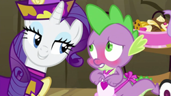 Size: 1152x648 | Tagged: safe, imported from derpibooru, screencap, spike, dragon, pony, unicorn, dragon quest, season 2, apron, bedroom eyes, blushing, clothes, dessert, duo, female, male, mare, meme, meme origin, rarity's bad pickup lines, shy, smiling