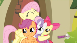 Size: 1152x648 | Tagged: safe, imported from derpibooru, screencap, apple bloom, fluttershy, scootaloo, sweetie belle, earth pony, pegasus, pony, unicorn, ponyville confidential, season 2, ^^, adorabloom, all new, cute, cutealoo, cutie mark crusaders, cutie mark cuties, daaaaaaaaaaaw, diasweetes, eyes closed, female, filly, foal, hub logo, hug, logo, mare, shyabetes, smiling, text, the hub