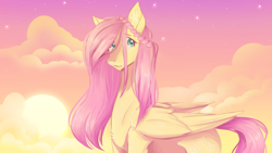 Size: 1280x720 | Tagged: safe, artist:coffeequake, artist:snailswails, imported from derpibooru, fluttershy, pegasus, pony, aside glance, braid, chest fluff, cloud, ear fluff, female, folded wings, looking at you, mare, outdoors, sky, sky background, solo, stray strand, three quarter view, wings