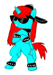 Size: 485x687 | Tagged: safe, artist:casey-the-unicorn, artist:softfang, imported from derpibooru, oc, oc only, pony, unicorn, backwards ballcap, base used, baseball cap, bipedal, cap, crossed hooves, hat, simple background, solo, spiked wristband, sunglasses, white background, wristband