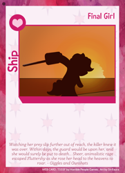 Size: 788x1088 | Tagged: safe, artist:str8aura-draws-horses-and-stuff, imported from derpibooru, pinkie pie, twilight sparkle's secret shipfic folder, card, chainsaw, horror, movie reference, silhouette, sun, sunset, the texas chainsaw massacre, weapon