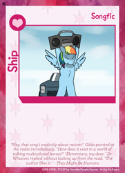 Size: 788x1088 | Tagged: safe, artist:str8aura-draws-horses-and-stuff, imported from derpibooru, rainbow dash, twilight sparkle's secret shipfic folder, boombox, car, card, chest fluff, cloud, looking down, spread wings, wings