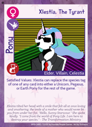 Size: 788x1088 | Tagged: safe, artist:str8aura-draws-horses-and-stuff, imported from derpibooru, princess celestia, oc, oc:celestai, fanfic:friendship is optimal, twilight sparkle's secret shipfic folder, card, clothes, glasses, max headroom, necktie, neon, red eyes, suit, sunglasses, tyrant celestia