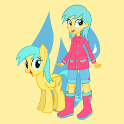 Size: 1280x1280 | Tagged: safe, artist:media1997, imported from derpibooru, sunshower raindrops, human, pegasus, pony, equestria girls, clothes, equestria girls-ified, human ponidox, looking at you, open mouth, open smile, raincoat, self paradox, self ponidox, simple background, smiling, solo