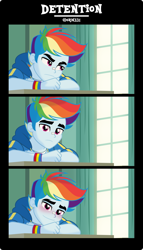 Size: 2285x4000 | Tagged: safe, artist:orin331, imported from derpibooru, rainbow dash, equestria girls, clothes, comic, desk, equestria guys, frown, geode of super speed, high res, hoodie, looking at you, magical geodes, rainbow blitz, rule 63, short comic, smiling, smiling at you, wristband