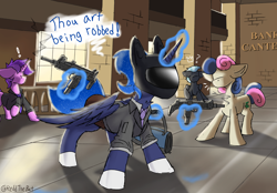 Size: 3624x2516 | Tagged: safe, artist:reddthebat, imported from derpibooru, amethyst star, bon bon, princess luna, sparkler, sweetie drops, thunderlane, alicorn, earth pony, pegasus, pony, unicorn, bank, bank heist, clothes, dual wield, gun, helmet, levitation, magic, motorcycle helmet, payday, robbery, suit, telekinesis, uzi, weapon