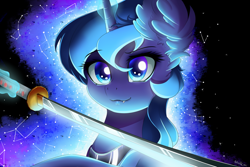 Size: 1280x854 | Tagged: safe, artist:natanvok, imported from derpibooru, princess luna, pony, constellation, cute, cute little fangs, ear fluff, ethereal mane, fangs, galaxy mane, katana, magic, solo, sword, weapon