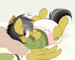 Size: 1630x1300 | Tagged: safe, artist:shuphle, imported from derpibooru, daring do, pegasus, pony, bed, blushing, covering face, diaper, diaper fetish, diapered, female, fetish, lying down, mare, non-baby in diaper, on back, poofy diaper, solo, white diaper