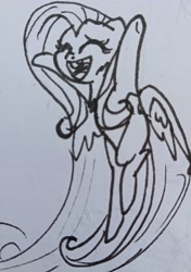 Size: 1922x2732 | Tagged: safe, artist:c.a.m.e.l.l.i.a, imported from derpibooru, fluttershy, pegasus, flying, happy, open mouth, simple background, traditional art, uvula, white background