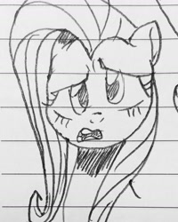 Size: 1591x1989 | Tagged: safe, artist:c.a.m.e.l.l.i.a, imported from derpibooru, fluttershy, pegasus, female, lined paper, looking at you, simple background, solo, traditional art, wat, white background