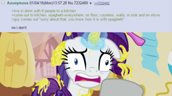 Size: 1336x748 | Tagged: safe, imported from derpibooru, screencap, rarity, pony, unicorn, it isn't the mane thing about you, 4chan, 4chan screencap, faic, floppy ears, food, greentext, messy, obligatory pony, oh dear, pasta, silly string, solo, spaghetti, text