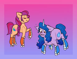 Size: 2382x1806 | Tagged: safe, artist:banana_jester, imported from derpibooru, izzy moonbow, sunny starscout, earth pony, pony, unicorn, boots, commission, duo, duo female, eye clipping through hair, eyebrows, eyebrows visible through hair, eyes closed, female, frown, g5, gradient background, gritted teeth, high res, mare, nervous, raised hoof, roller skates, rollerblades, shoes, skates, skating, smiling, teeth, ych result