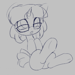 Size: 290x291 | Tagged: safe, artist:an-m, oc, oc only, oc:butter berry, pony, unicorn, aggie.io, female, filly, glasses, lowres, monochrome, open mouth, simple background, sitting