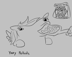Size: 579x459 | Tagged: safe, rainbow dash, pegasus, pony, aggie.io, bag, eating, monochrome, open mouth, pellets, retarded, scoop, simple background, smiling