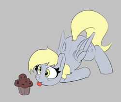 Size: 597x503 | Tagged: safe, derpy hooves, pegasus, pony, aggie.io, face down ass up, female, food, mare, muffin, simple background, smiling, tongue out