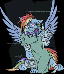 Size: 1572x1811 | Tagged: safe, artist:mechanakal, imported from derpibooru, rainbow dash, anthro, pegasus, unguligrade anthro, bandage, bandaid, black background, chest fluff, eye clipping through hair, eyebrows, eyebrows visible through hair, female, fluffy, frown, hospital gown, kneeling, looking at you, mare, reaching, simple background, solo, song reference, spread wings, text, wings