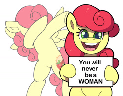 Size: 1600x1250 | Tagged: safe, artist:anonymous, imported from twibooru, strawberry sunrise, pony, dab, female, image, irrational exuberance, looking at you, mare, meme, mouthpiece, needs more jpeg, ponified meme, sign, simple background, smiling, solo, white background, you will never be a woman