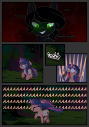 Size: 2894x4093 | Tagged: safe, artist:stormcloud-yt, imported from derpibooru, oc, oc only, pony, unicorn, bag, base used, comic, evil grin, female, filly, foal, grin, horn, offspring, open mouth, outdoors, parent:flash sentry, parent:twilight sparkle, parents:flashlight, running, saddle bag, scared, smiling, smirk, unicorn oc