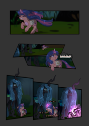 Size: 2894x4093 | Tagged: safe, artist:stormcloud-yt, imported from derpibooru, queen chrysalis, oc, changeling, changeling queen, unicorn, bag, base used, comic, female, filly, foal, forest, horn, looking back, offspring, outdoors, parent:flash sentry, parent:twilight sparkle, parents:flashlight, running, saddle bag, unicorn oc