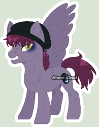 Size: 340x437 | Tagged: safe, artist:stormcloud-yt, imported from derpibooru, oc, oc only, pegasus, pony, adopted offspring, angry, beanie, broken english, bruised, hat, male, parent:cheerilee, pegasus oc, simple background, stallion, wings