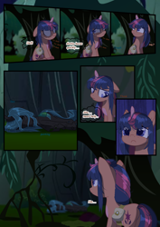 Size: 2894x4093 | Tagged: safe, artist:stormcloud-yt, imported from derpibooru, queen chrysalis, oc, oc only, changeling, changeling queen, unicorn, bag, base used, changeling queen oc, comic, female, filly, foal, frown, horn, offspring, outdoors, parent:flash sentry, parent:queen chrysalis, parent:twilight sparkle, parents:flashlight, saddle bag, scared, unicorn oc