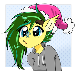 Size: 2153x2000 | Tagged: safe, artist:kaikururu, imported from derpibooru, oc, oc only, oc:kaikururu, anthro, bat pony, bat pony oc, bat wings, bust, christmas, clothes, ear fluff, female, hat, holiday, hoodie, santa hat, simple background, snow, snowflake, transparent background, wings