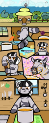 Size: 2000x5000 | Tagged: safe, artist:wren, oc, oc:slow sipper, zebra, ainsley harriott, carrot, comic, cooking, crystal, female, flehmen response, food, horses doing horse things, knife, mare, ocean, onion, potato, smelling, sniffing, soup