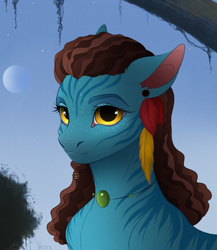 Size: 2319x2671 | Tagged: safe, artist:vetta, imported from derpibooru, earth pony, na'vi, pony, ear piercing, earth pony oc, female, high res, james cameron's avatar, jewelry, looking at you, mare, necklace, neytiri, piercing, ponified, smiling, smiling at you, solo