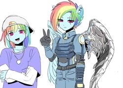 Size: 1693x1217 | Tagged: safe, artist:ceitama, imported from derpibooru, rainbow dash, equestria girls, alternate timeline, apocalypse dash, artificial wings, augmented, crystal war timeline, eye scar, scar, simple background, solo, torn ear, white background, winged humanization, wings