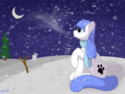 Size: 4250x3200 | Tagged: safe, artist:aelflonra, imported from derpibooru, oc, oc only, oc:snow pup, pegasus, pony, clothes, moon, night, scarf, snow, snowfall, snowpony, solo, tree