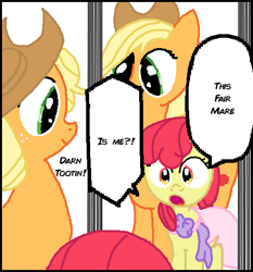 Size: 491x526 | Tagged: safe, anonymous artist, imported from derpibooru, apple bloom, applejack, earth pony, pony, clothes, dress, female, filly, foal, mare, mirror, ponified, speech bubble, yotsuba