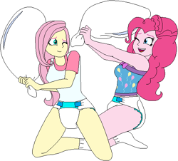 Size: 542x490 | Tagged: safe, artist:wolf, imported from derpibooru, fluttershy, pinkie pie, equestria girls, breasts, clothes, diaper, no pants, non-baby in diaper, pajamas, pantsless, pillow, pillow fight, shirt, short sleeves, simple background, sleeveless, slumber party, socks, trace, underwear, white background, white underwear