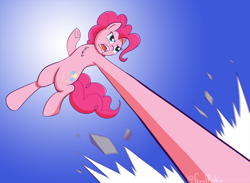 Size: 1500x1100 | Tagged: safe, artist:feralroku, imported from derpibooru, pinkie pie, earth pony, pony, action pose, angry, chest fluff, crossover, debris, elastic, gomu gomu no mi, gradient background, one piece, open mouth, punch, solo, underhoof