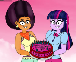 Size: 1280x1047 | Tagged: safe, artist:rdj1995, imported from derpibooru, saffron masala, twilight sparkle, equestria girls, afro, alternate hairstyle, birthday, birthday cake, cake, female, food, lesbian, shipping, twiffron