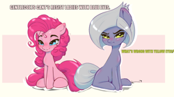 Size: 1500x838 | Tagged: safe, artist:inkypuso, imported from derpibooru, limestone pie, pinkie pie, earth pony, pony, blushing, cute, diapinkes, duo, female, grin, limetsun pie, mare, missing cutie mark, pouty lips, siblings, sisters, sitting, smiling, tsundere