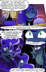 Size: 732x1125 | Tagged: safe, artist:candyclumsy, imported from derpibooru, princess luna, alicorn, dragon, ghost, pony, undead, comic:luna's cronenberg, alicorn princess, book, canterlot, canterlot castle, comic, commissioner:bigonionbean, dragoness, dream, dream walker luna, ethereal mane, ethereal tail, falling, female, high res, hooves, horn, jewelry, magic, mare, monochrome, reading, regalia, spirit, tail, thought bubble, trotting, wings, writer:bigonionbean