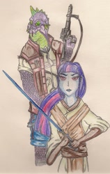 Size: 1199x1902 | Tagged: safe, artist:thegloriesbigj, imported from derpibooru, spike, twilight sparkle, chiss, blaster, crossover, duo, female, humanized, jedi, lightsaber, male, species swap, star wars, traditional art, trandoshan, weapon