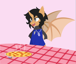 Size: 3821x3211 | Tagged: safe, artist:samsailz, imported from derpibooru, oc, oc only, bat pony, bat wings, fangs, food, happy, heart eyes, high res, meat, pepperoni, pepperoni pizza, pizza, puppy, solo, spread wings, wingding eyes, wings