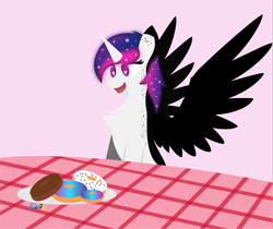 Size: 3815x3208 | Tagged: safe, artist:samsailz, imported from derpibooru, oc, oc only, alicorn, donut, fangs, food, happy, heart eyes, high res, solo, spread wings, wingding eyes, wings