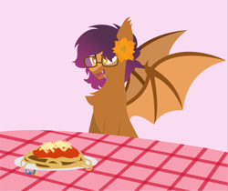 Size: 3815x3208 | Tagged: safe, artist:samsailz, imported from derpibooru, oc, oc only, bat pony, bat wings, commission, fangs, flower, food, happy, heart eyes, high res, pasta, solo, spaghetti, spread wings, wingding eyes, wings, ych result