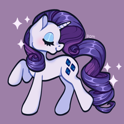 Size: 900x900 | Tagged: safe, artist:pompomamy, imported from derpibooru, rarity, pony, unicorn, eyes closed, female, mare, raised hoof, signature, simple background, smiling, solo