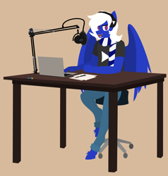 Size: 7918x8305 | Tagged: safe, artist:samsailz, imported from derpibooru, oc, oc only, anthro, pegasus, unguligrade anthro, clothes, computer, headphones, laptop computer, microphone, paper, pegasus oc, pen, podcast, scarf, solo, stool, table
