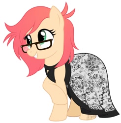 Size: 1346x1368 | Tagged: safe, artist:feather_bloom, imported from derpibooru, oc, oc only, earth pony, pony, clothes, cute, dress, earth pony oc, glasses, green eyes, meganekko, ponified, simple background, smiling, solo, unmoving plaid, white background