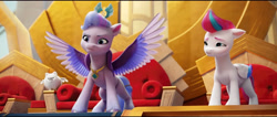 Size: 4094x1740 | Tagged: safe, imported from derpibooru, screencap, queen haven, zipp storm, pegasus, pony, spoiler:my little pony: a new generation, cloudpuff, female, g5, male, mare, my little pony: a new generation, spread wings, wings