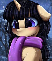 Size: 2582x3003 | Tagged: safe, artist:pridark, imported from derpibooru, oc, oc only, pony, unicorn, blushing, chest fluff, clothes, eye reflection, floppy ears, reflection, scarf, snow, snowfall, solo