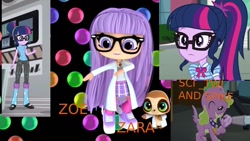 Size: 1280x720 | Tagged: safe, imported from derpibooru, sci-twi, spike, twilight sparkle, dog, equestria girls, best furry friends, clothes, glasses, long socks, socks, spike the dog, thigh highs, wallpaper, youtube thumbnail, zara the sloth, zoe (best furry friends)