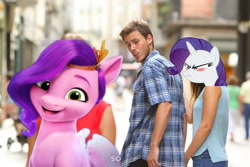 Size: 2048x1365 | Tagged: safe, edit, edited edit, imported from derpibooru, pipp petals, rarity, human, pegasus, pony, the end in friend, adorapipp, building, cute, distracted, distracted boyfriend meme, female, g5, jewelry, looking at you, male, mare, meme, my little pony: a new generation, smiling, straight, tiara, upset, waifu