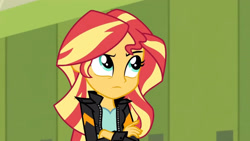 Size: 3410x1920 | Tagged: safe, imported from derpibooru, screencap, sunset shimmer, equestria girls, friendship games, clothes, crossed arms, female, high res, jacket, leather, leather jacket, lockers, solo