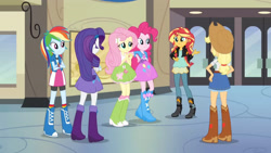 Size: 3410x1920 | Tagged: safe, imported from derpibooru, screencap, applejack, fluttershy, pinkie pie, rainbow dash, rarity, sunset shimmer, equestria girls, friendship games, applejack's hat, belt, boots, clothes, cowboy boots, cowboy hat, crossed arms, cutie mark on clothes, denim skirt, female, hairpin, hat, high heel boots, high res, humane five, jacket, leather, leather jacket, shoes, skirt, smiling